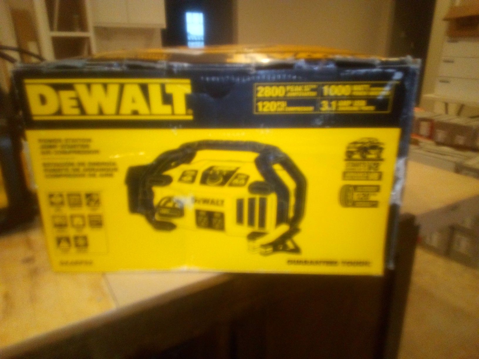 DeWALT 2800 PEAK battery jump start. 1000 Watt power inverter. 120 psi air compressor. 3.1 amp USB charging ports. Model # DXAEPS2