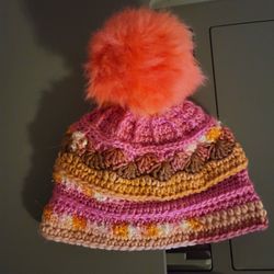 Hand crocheted 6-12 month old soft, warm and comfy hat With Pink Hues