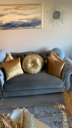 Gray Velvet Tufted Loveseat and sofa with Nailhead Trim