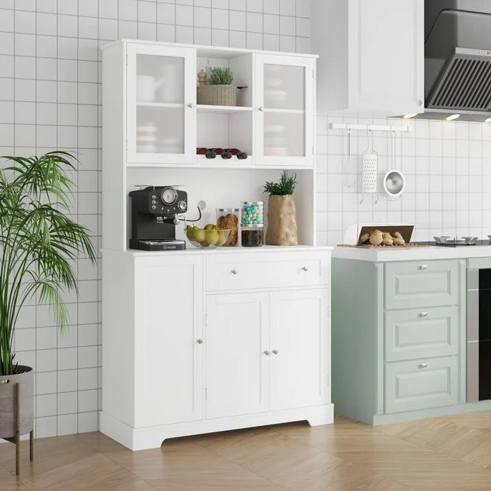Kitchen Cabinet with Food Shelf, 5 Doors Floor Cupboard with Drawers and Countertop, 68'' Storage Pantry