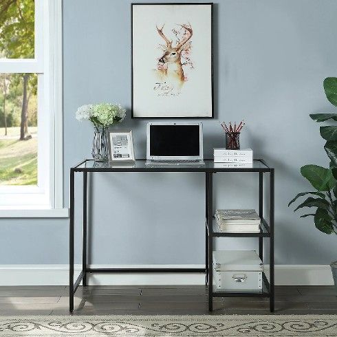 Brand New Project 62 Fulham Glass Top Desk with Wood Shelves Black Espresso