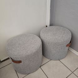 New Set Of 2 Honeybloom Rica Textured Poufs  With Faux Leather Handles, Grey