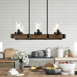 6-Light natural wood chandelier