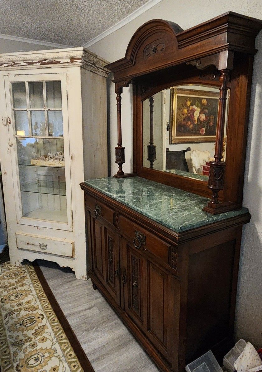 Antique Sideboard Buffet With Mirror And Marble Top