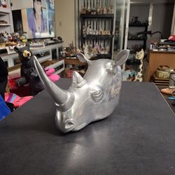 Heavy Metal Rhino Wall Mount, Silver Metal Finish Rhinoceros Head Sculpture-9.5Lx7.25Hx7W Weighs 2.5 LBS