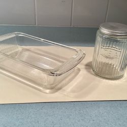 2 1920s-40s Glass Ribbed Design Hoosier Cabinet Tea Container + Miracle Maize Casserole/Loaf/Cornbread Dish Antique Vtg. Cookware