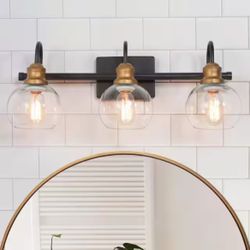 New Vanity Light 22 in. 3-Light Modern Aged Brass and Black Bathroom with Clear Glass Globe Shades