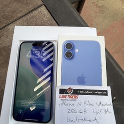 iPhone 16 Plus Ultramarine (light Blue)  256 GB. Like new. Unlocked for any carrier. Cash $700 and local pickup only.