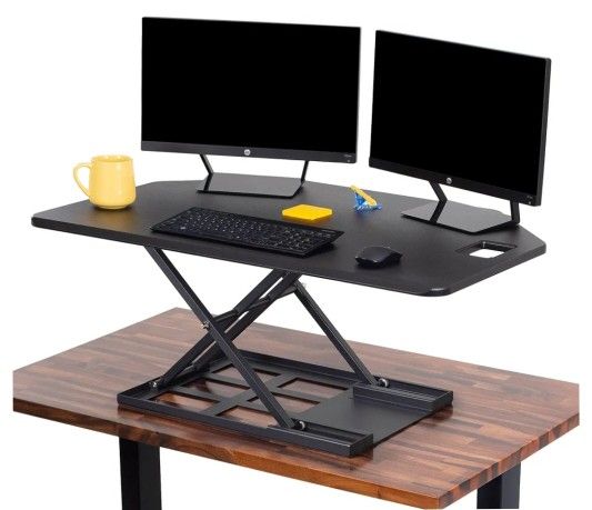 Stand Steady X-Elite Pro, Premier Corner Standing Height Adjustable Desk Converter w Monitor Lift For Cubicles and L-Shaped Desks, XL Retail  $300