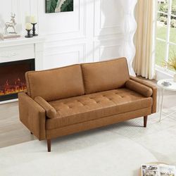 2 Seat Leather Sofa with 2 Pillow, 57.5" Mid-Century Modern Loveseat Sofa Upholstered Tufted Couch Small Spaces Furniture for Living Room, Camel