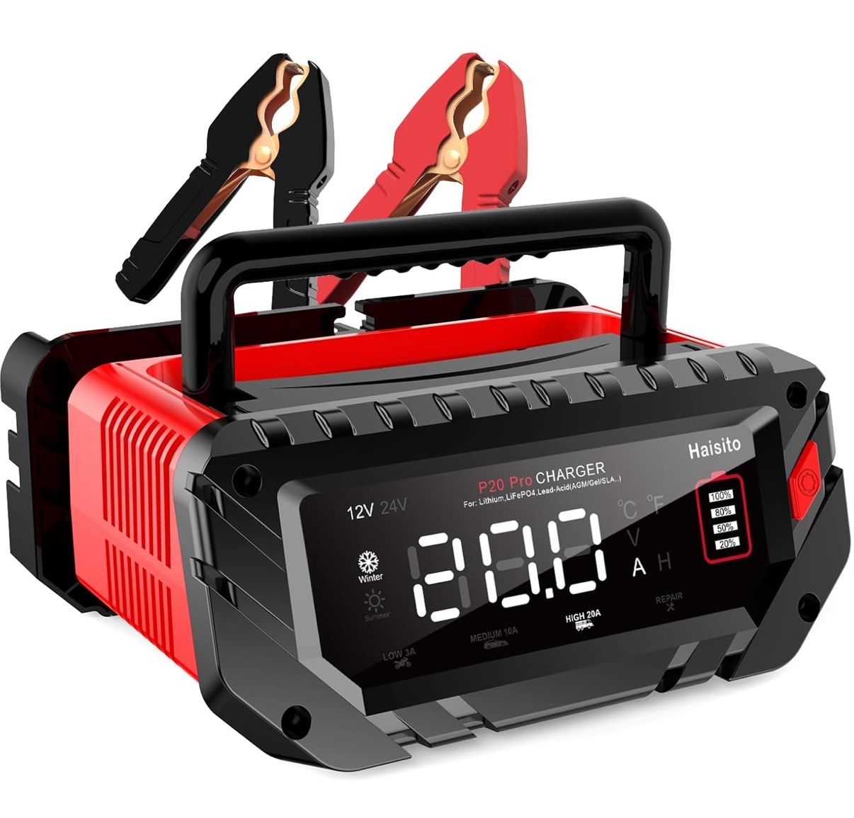 20 Amp Lithium Battery Charger, 12V and 24V Lifepo4,Lead-Acid(AGM/Gel/SLA..) Portable Car Battery Charger,Battery Maintainer, Trickle Charger, and Bat