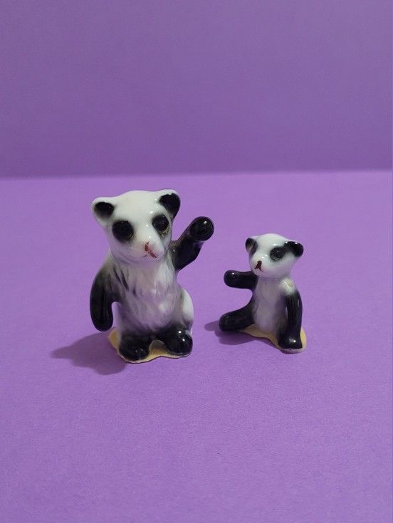 Vintage 2 Miniature Panda Bear Figurines Bone China Mama Standing Baby Sitting.