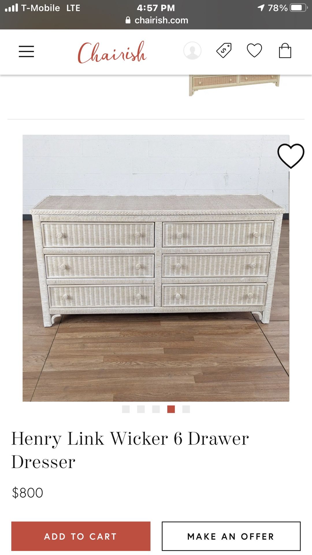 Vintage White Wicker Henry Link Lexington Double Dresser
