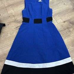 Calvin Klein Fit Flare Dress Sleeveless Blue Black White Stripes Size 2
