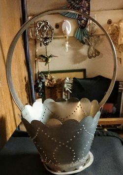 Vintage Punched Metal Basket w/ Tall Handle - Cottagecore Decor