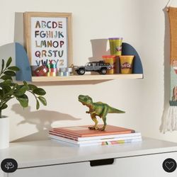 Wooden Shelf With Blue Metal Sides 