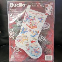 Bucilla 1996 Cross Stitch 18" Stocking Winter Fun Kit Penguin Bears Sled 83435
