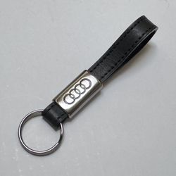 AUDI Rings Leather Loop Key Chain Fob Logo Black Keychain Embossed Pewter Color