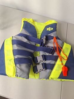 Adult Life Jacket sz Small/med with orange whistle neon yellow blue