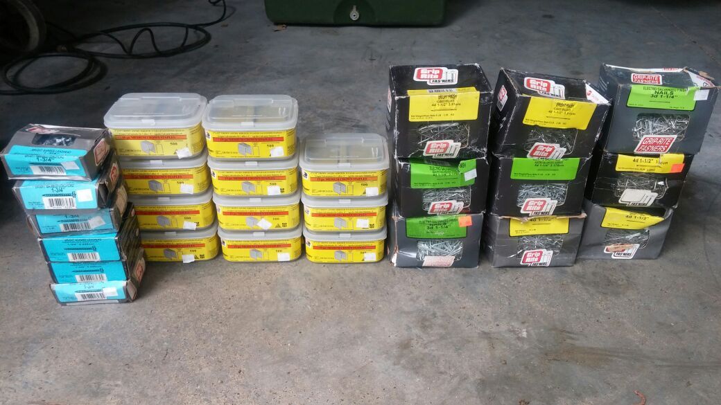 Lot of crown staples and 3d finish nails