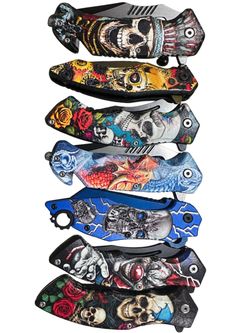 Folding Pocket Knives with Graphic Handles – Set of 7
