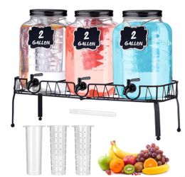 Lallisa 3 Pcs 2 Gallon Glass Drink Dispenser With Stand And Lid Mason Jar Beverage Dispenser With Stainless Steel Spigot, Hanging Chalkboard Signs, Fr