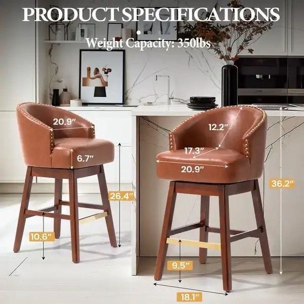 SALE! New 26.4"H Swivel Faux Leather Upholstered Solid Wood Counter Stools - Set of 2 Brown Cushion Brown