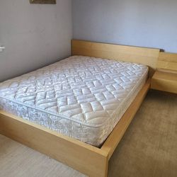 Queen Ikea bed light wood frame, slats, firm mattress, bedside table/stand