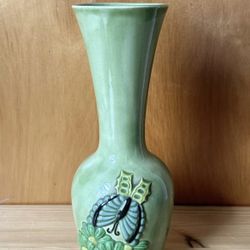 Vintage Hand Painted Green Ceramic Raised Flowers & Butterfly 8.5” Tall Vase
