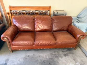 Cognac Brown Leather Sofa with Nailhead & Wood Detail
