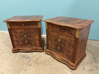 Wooden Made in Italy Nightstand with Burl Wood Facade and Brass Accents (Set of 2)