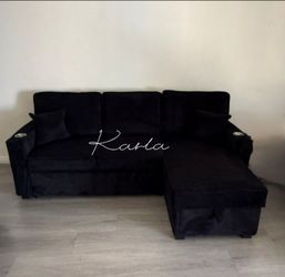 2-pc sectional sofa with pull-out bed & storage black Corduroy