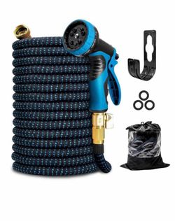 50ft Flexible Garden Hose, Water Hose for Outside with 10 Spray Nozzles, Brass Connector, Leak-Proof, Blue, Father's Day Gifts