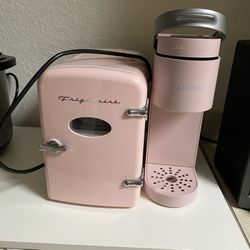 Pink Mini fridge And kEURIG Pod Machine