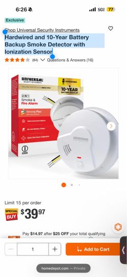 Hardwired and 10-Year Battery Backup Smoke Detector with Ionization Sensor