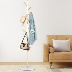 Metal Coat Rack Freestanding, Golden Coat Racks with Heavy Duty Natural Marble Base, Modern Stable Coat Tree Stand with 8 Hooks for Bags, Hats, Entryw