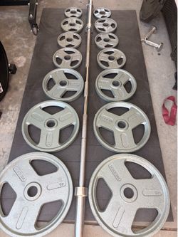 Complete 300 pounds Olympic weights set including bar and clip in like new condition  pick up in sun valley cash only