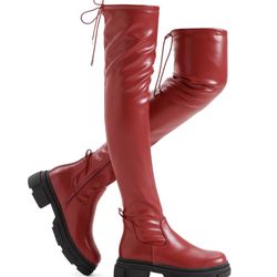 SZ 9 Shoe'N Tale Red Thigh High Pu Leather Boots Round Toe  new  SZ 40