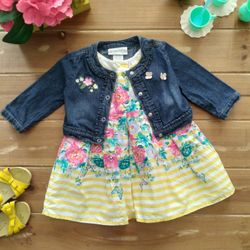 12MOS 2-PIECE SET YELLOW & WHITE STRIPED MULITICOLOR FLORAL DRESS  W/EMBROIDERED DENIM JACKET
