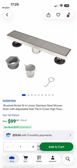 EVERSTEIN 12" Linear Grid Shower Drain with Adjustable Feet