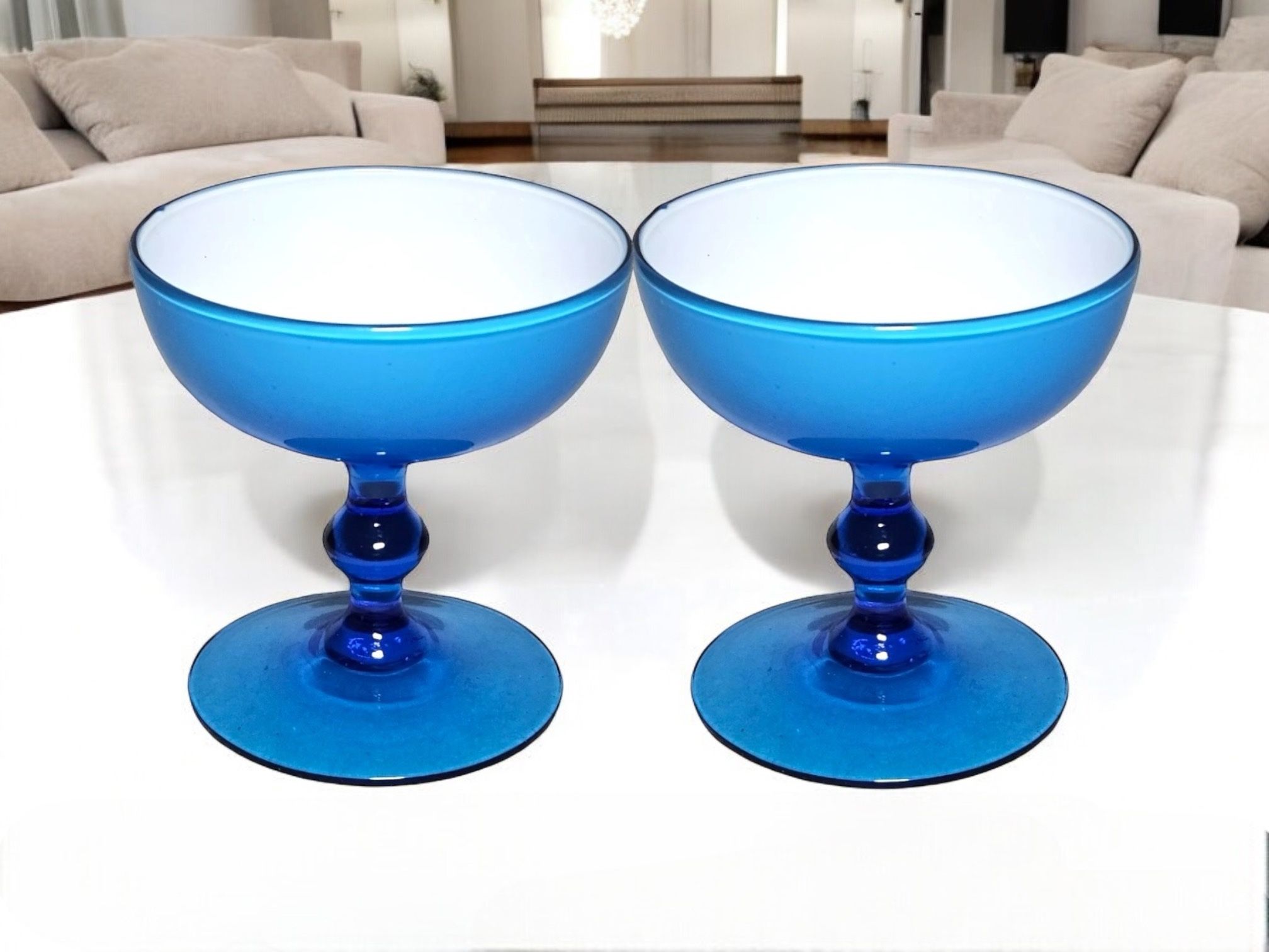 Set of 2 Vintage Carlo Moretti Teal Blue Cased Coupe Sherbert/Champagne Glasses