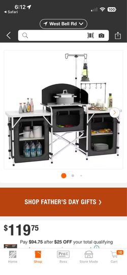 Outsunny Camping Kitchen Table, Portable Folding Camp Kitchen, Aluminum Cook Station with 3 Fabric Cupboards, Windshield - Black