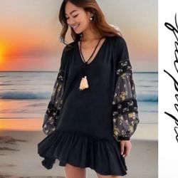 Free People XS Boho Puff Sleeve Black Dress NEW WITH TAGS