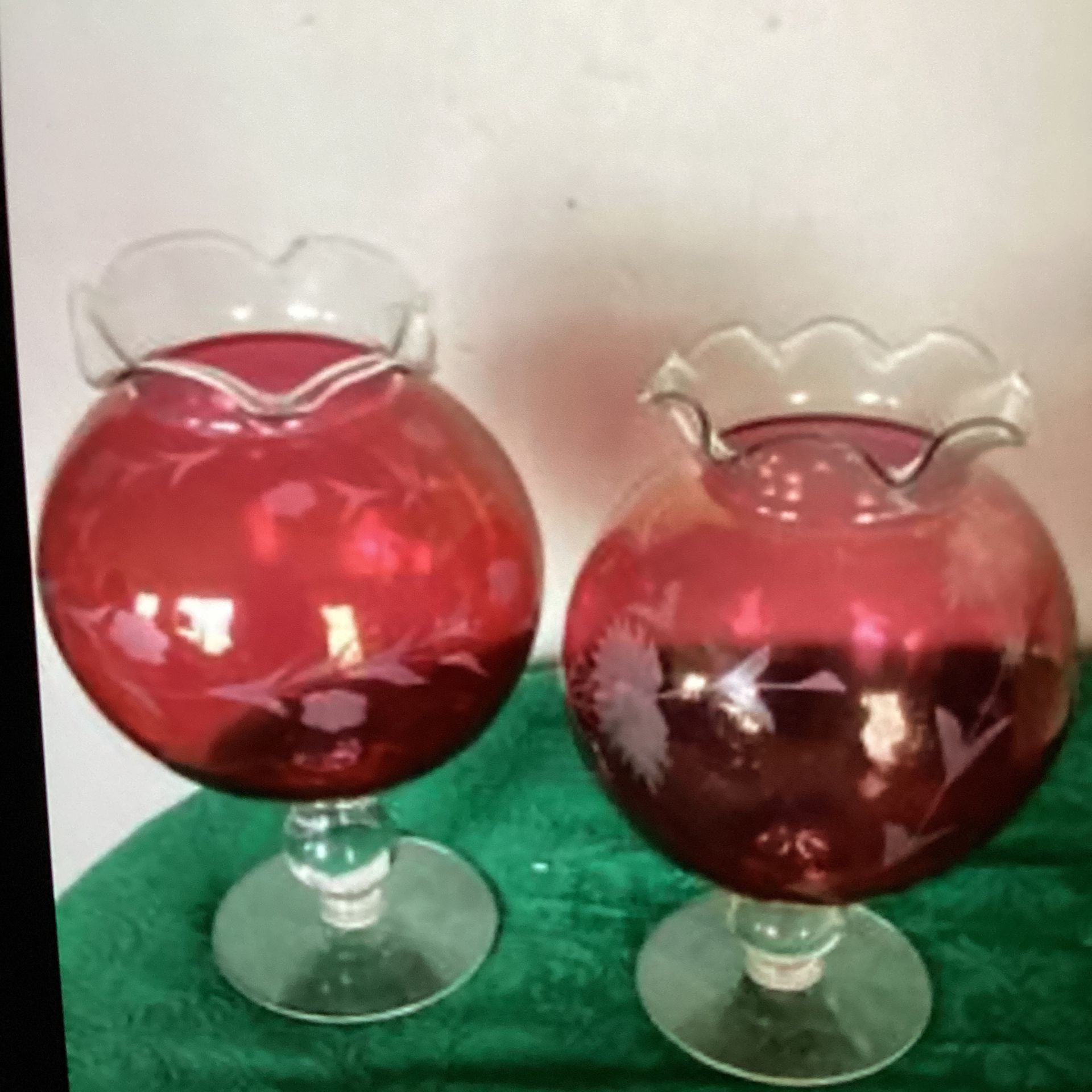 Fabulous Vintage Cranberry Glass Vases With Etched Flowers & Ruffled Edges