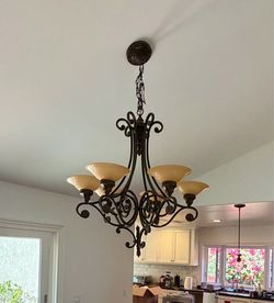 Large 5-Light Tuscan Mediterranean Chandelier – Bronze Scrollwork & Amber Glass