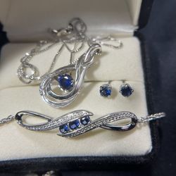 Sterling Silver Sapphire Set, Necklace, Bracelet, Earrings 