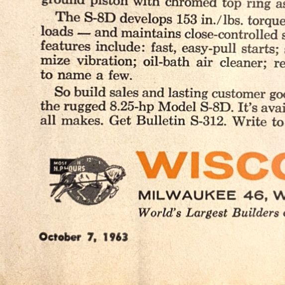 Original 1963 Wisconsin Engines Print Ad- S-8D