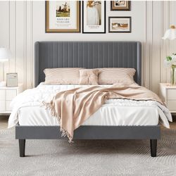 BIG SALE Full Size Velvet Bed Frame with Vertical Channel Tufted Wingback Headboard, Upholstered Platform Bed with Wood Slats, No Box Spring Needed, E