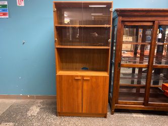 Teak Finish Bookcase w/ Glass Doors