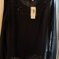 Black, sheer, black beaded detail along the neck line all around,long sleeve blouse